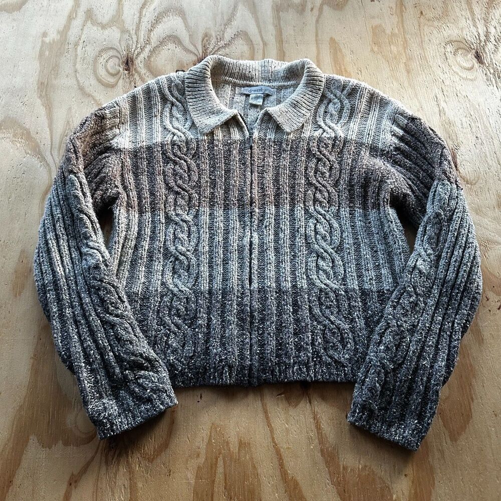 Vintage Dressbarn Colorblock Cable Knit Zip-Up Sweater - XL